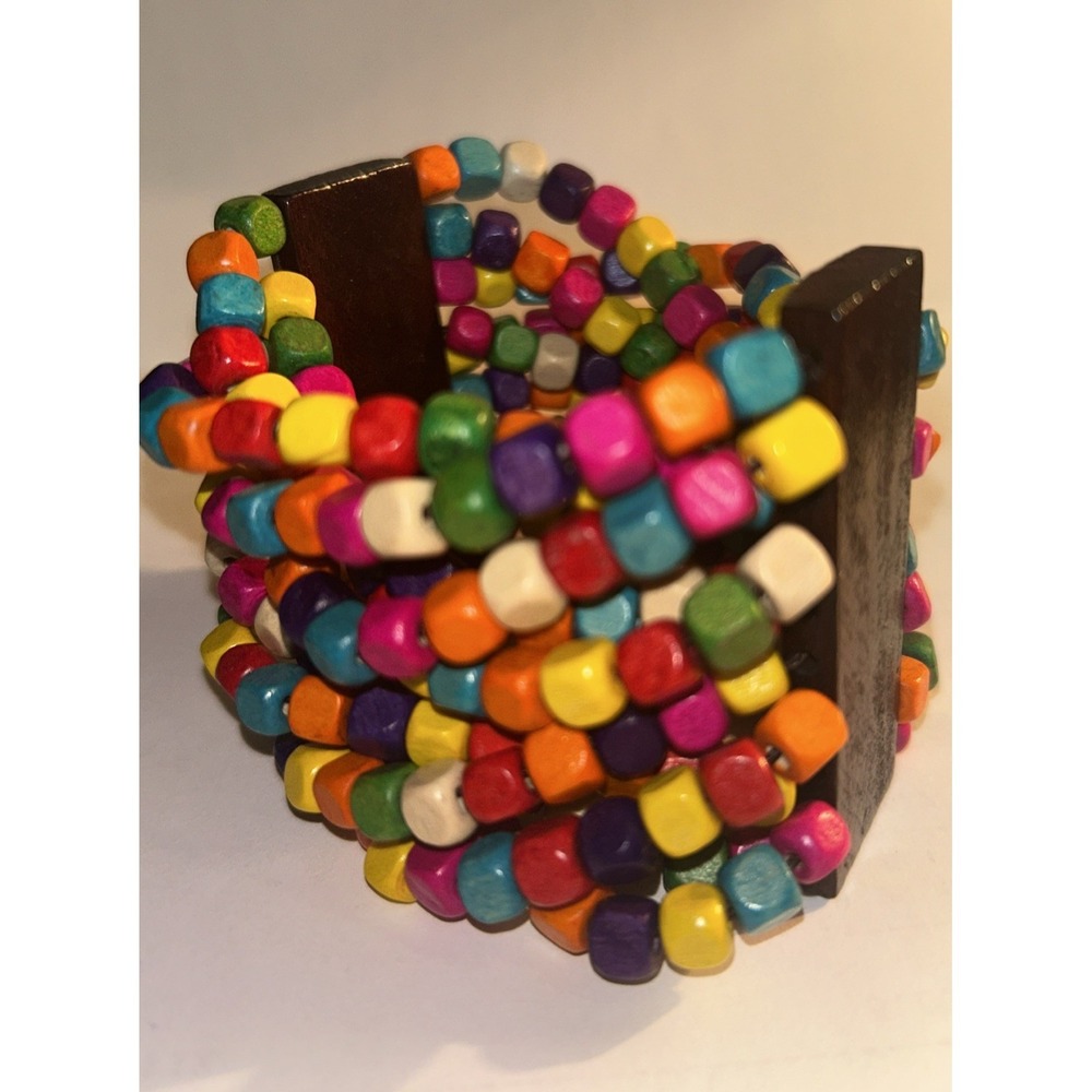 Boho Rainbow Wooden Cube Bead Multi Strand Stretch Cuff Bracelet Wide Statement